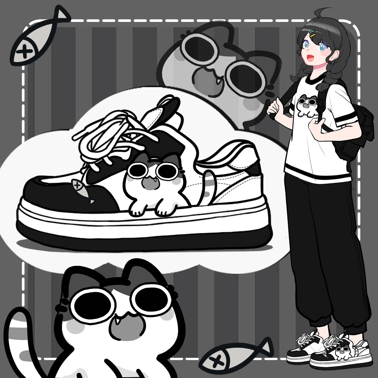 

Милая обувь с изображением котенка в стиле аниме «Эми и Майкл», милые повседневные кроссовки для девочек и студентов, женские дышащие низкие туфли для доски