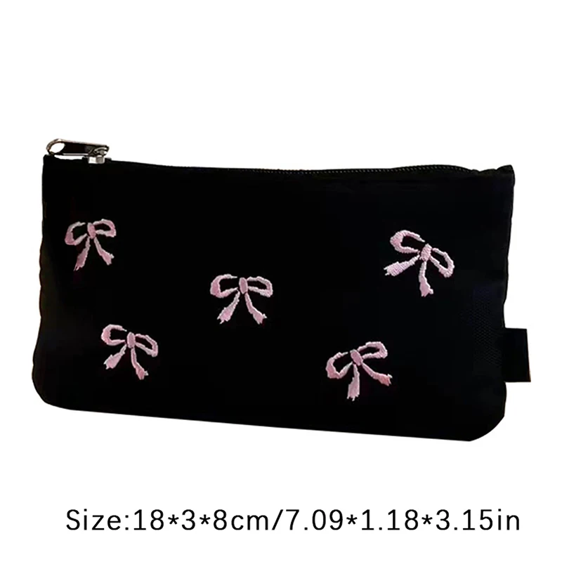 Ins Style Simple Black Bow Pencil Case Large Capacity Pencil Storage Bag Cosmetic Bag Stationery Organizer School Supplies