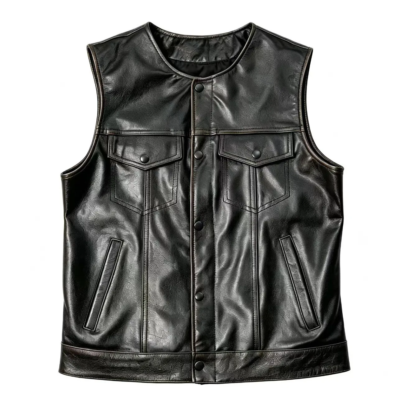 Men Soft Oiled Cow Leather Vest Crew Neck 2 Snap Flap Chest Pockets 2 Slash Pockets Stable Hem Band Lightweight Biker Waistcoat