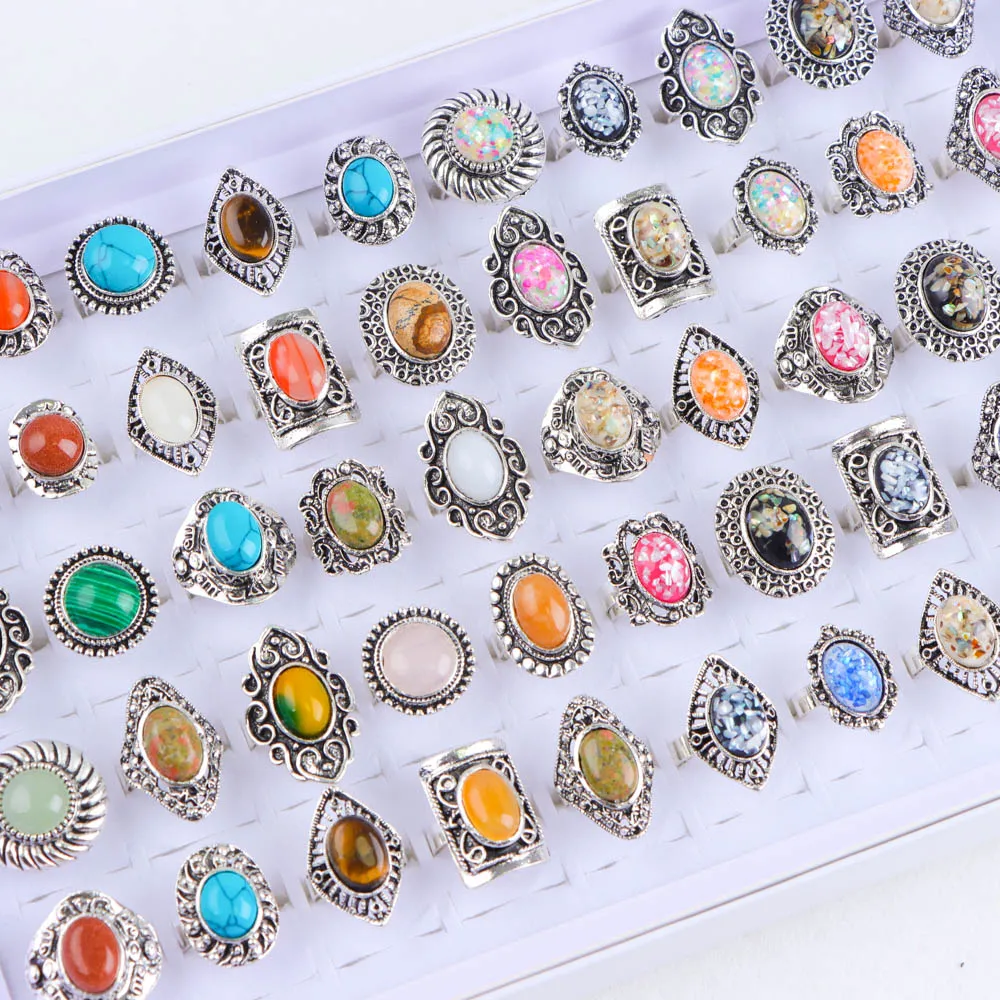 10/20/30/50Pcs/Lot Vintage Natural Stone Adjustable Rings For High-end Women Mix Style Fashion Party Jewelry Accessory Gifts