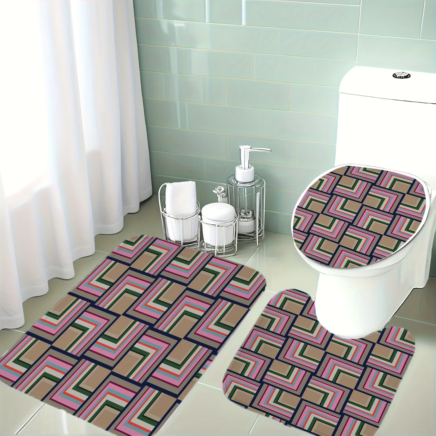 

Christmas Decoration, Machine Washable Polyester Fiber, 3pcs Set with Deep Brown, Pink, Green, Red Retro Tones, Repeated Geometr