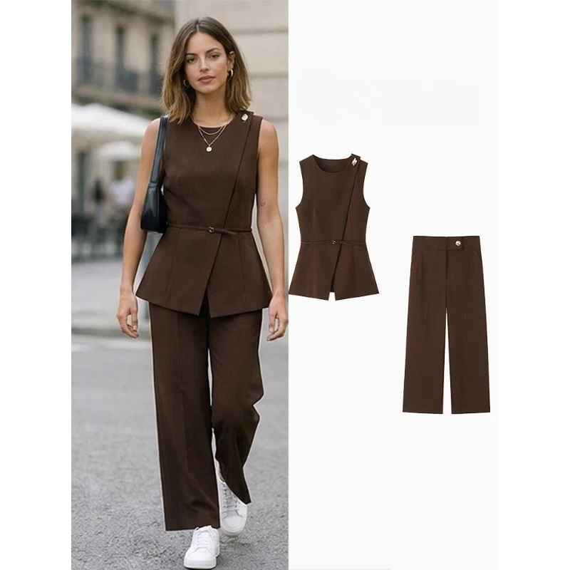 FANAN Damen Mode 2-Teiliges Set Braunes Versteckt Geknöpftes Top mit Gürtel & Vintage Gerade Hose Weiblicher Schicker Hosenanzug