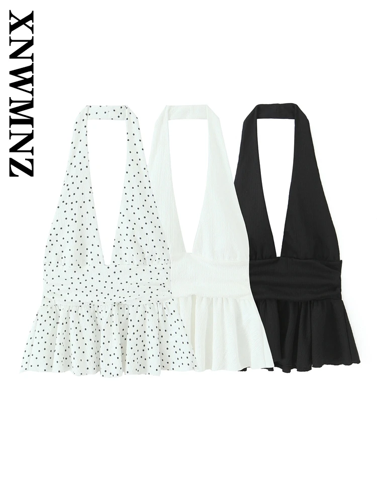 

XNWMNZ 2025 Summer New Woman's Simple Chic Shoulder Halter Backless Top Fashion Female Sleeveless Ruffle Vest boho mini
