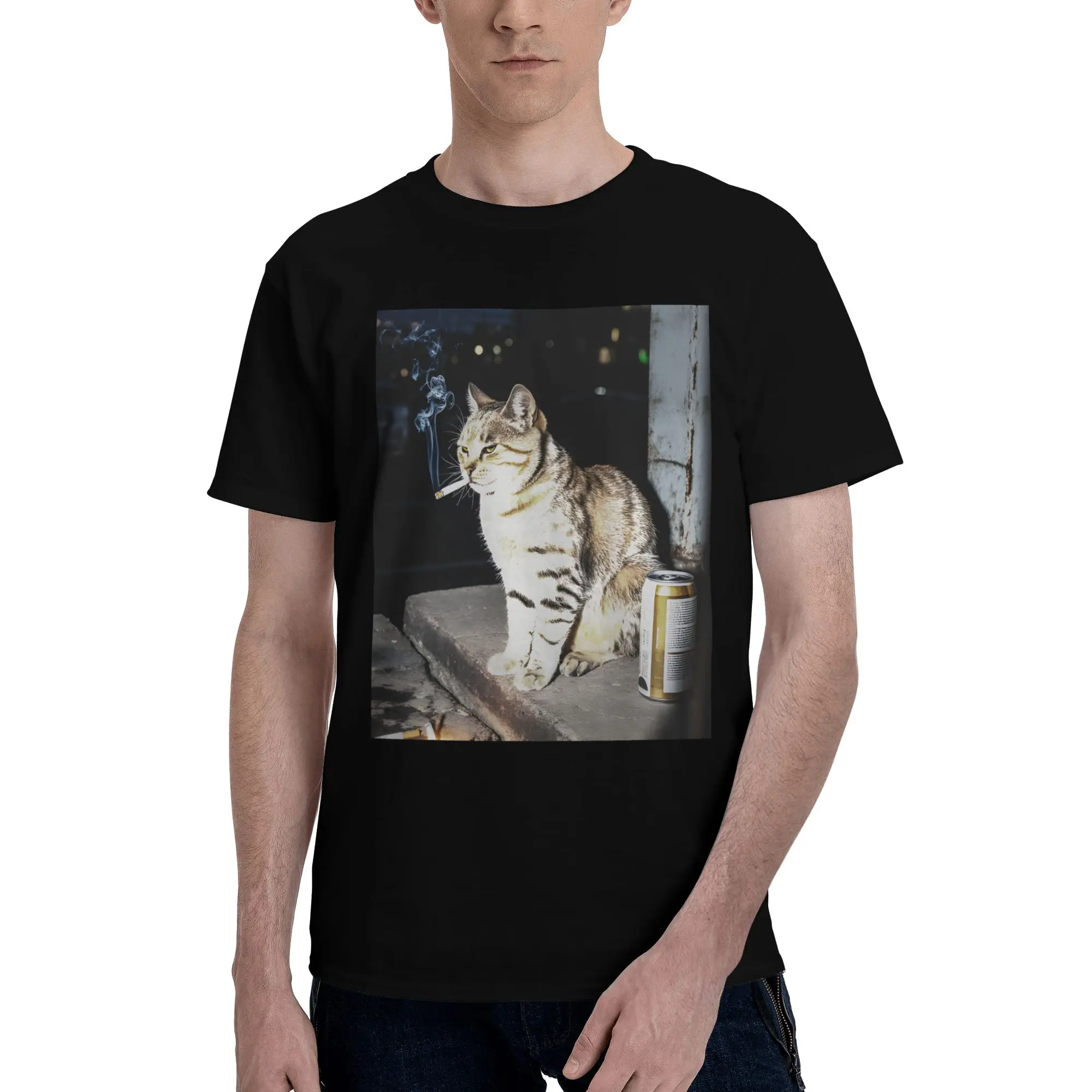 

Men Cigarette Kitten Funny Smoking Cat T Shirts Summer Short Sleeve 100% Cotton T-shirt reative Graphics Tee Tops