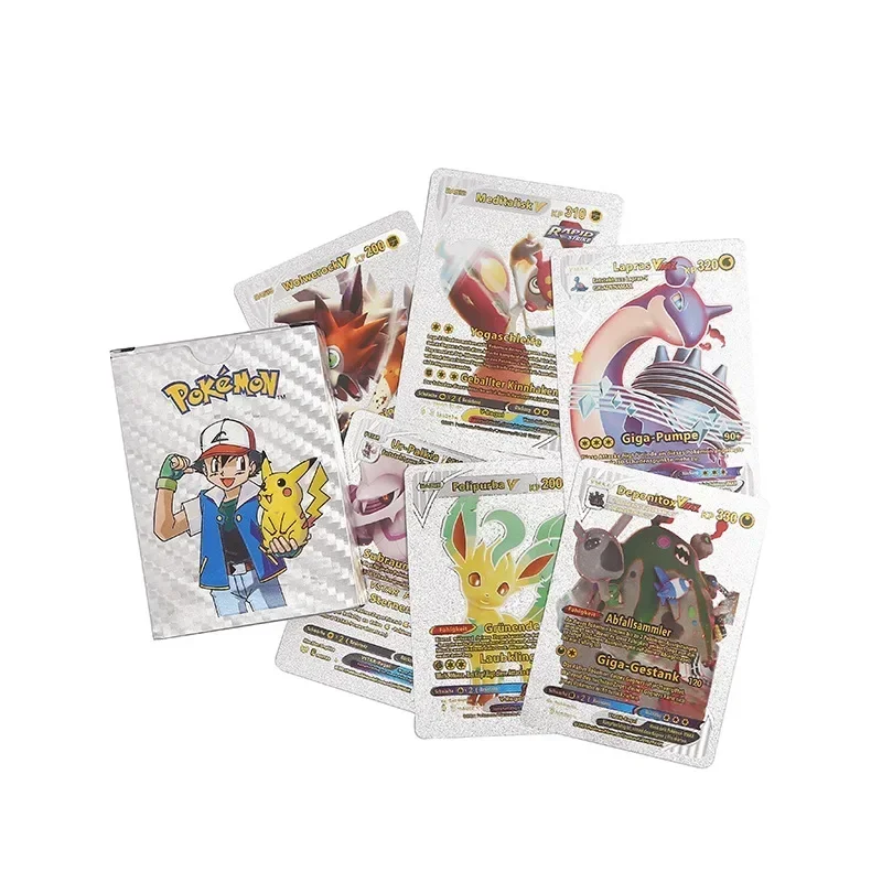 27-55 buah kartu Foil emas Pokemon warna-warni Charizard Pikachu Arceus perak pelangi Inggris Spanyol VSTAR kartu VMAX