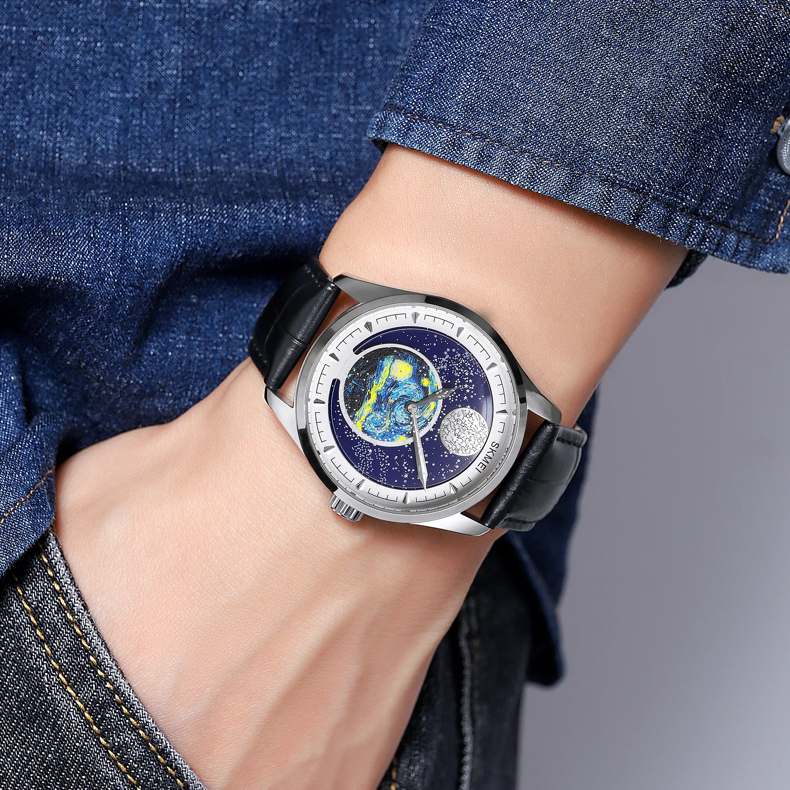 SKMEI Fashion Starry Sky Moon Phase orologi al quarzo da uomo Casual cinturino in vera pelle orologi da polso impermeabili Clcok reloj hombre