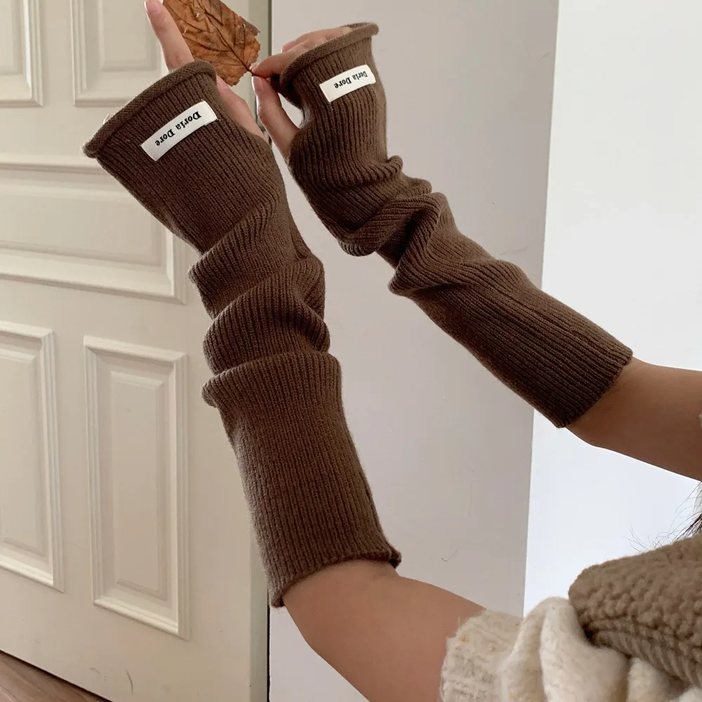 Korean Style Knitted Warm Sleeves Solid Color Hole Long Fingerless Sleeves Y2k Elastic Warm Arm Covers Streetwear