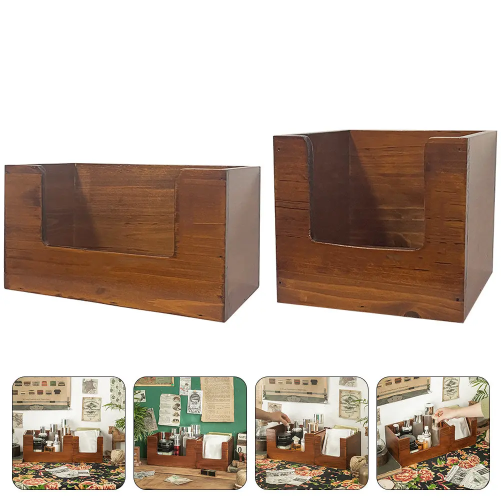 2Pcs Wooden Storage Box for Cosmetics Desktop Organizer High Volume Space Saving Lightweight Solid Natural Wood Desk Container
