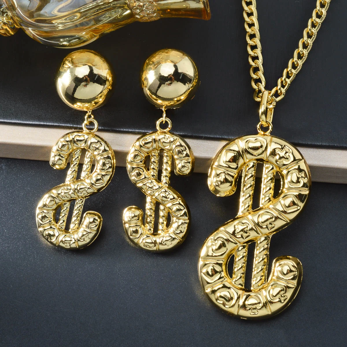 

Money Copper Necklace And Earrings Set Dollar Sign 2pcs Set Fortune-generating Necklace Earrings Jewelry Accessories Gifts