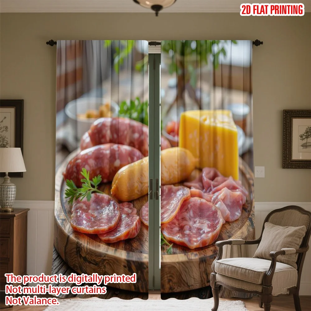 

2D flat printing 2pcs Curtain Cheese and Cured Meats Digital Printed Polyester Drapes Festive Curtains Perfect for All Occasions