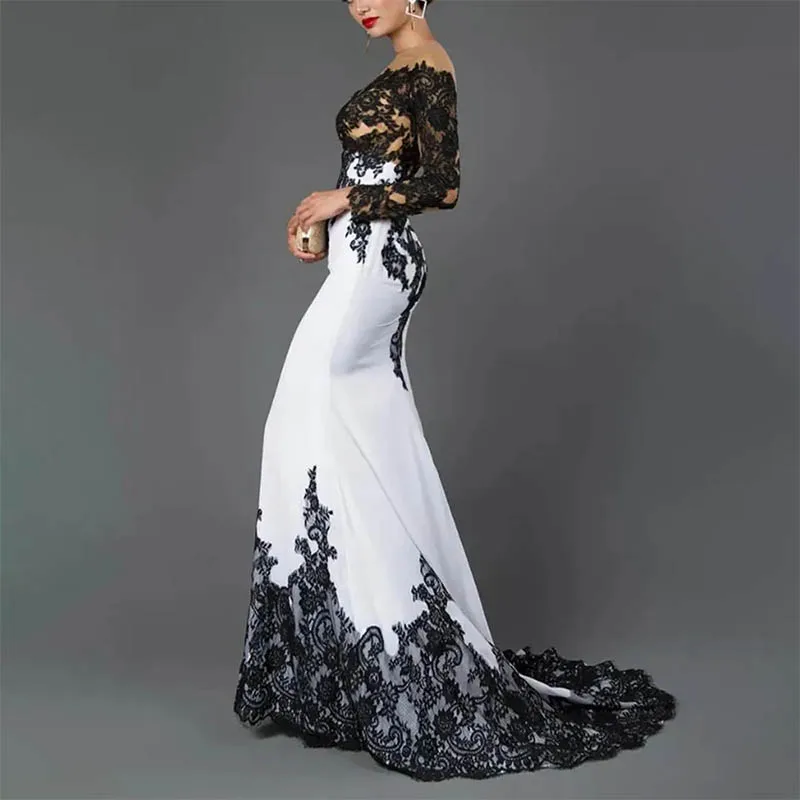 Customized Elegant Black Lace Long Sleeve Mermaid Evening Dresses Sweep Train Formal Party Dress for Women Prom Gowns 2025