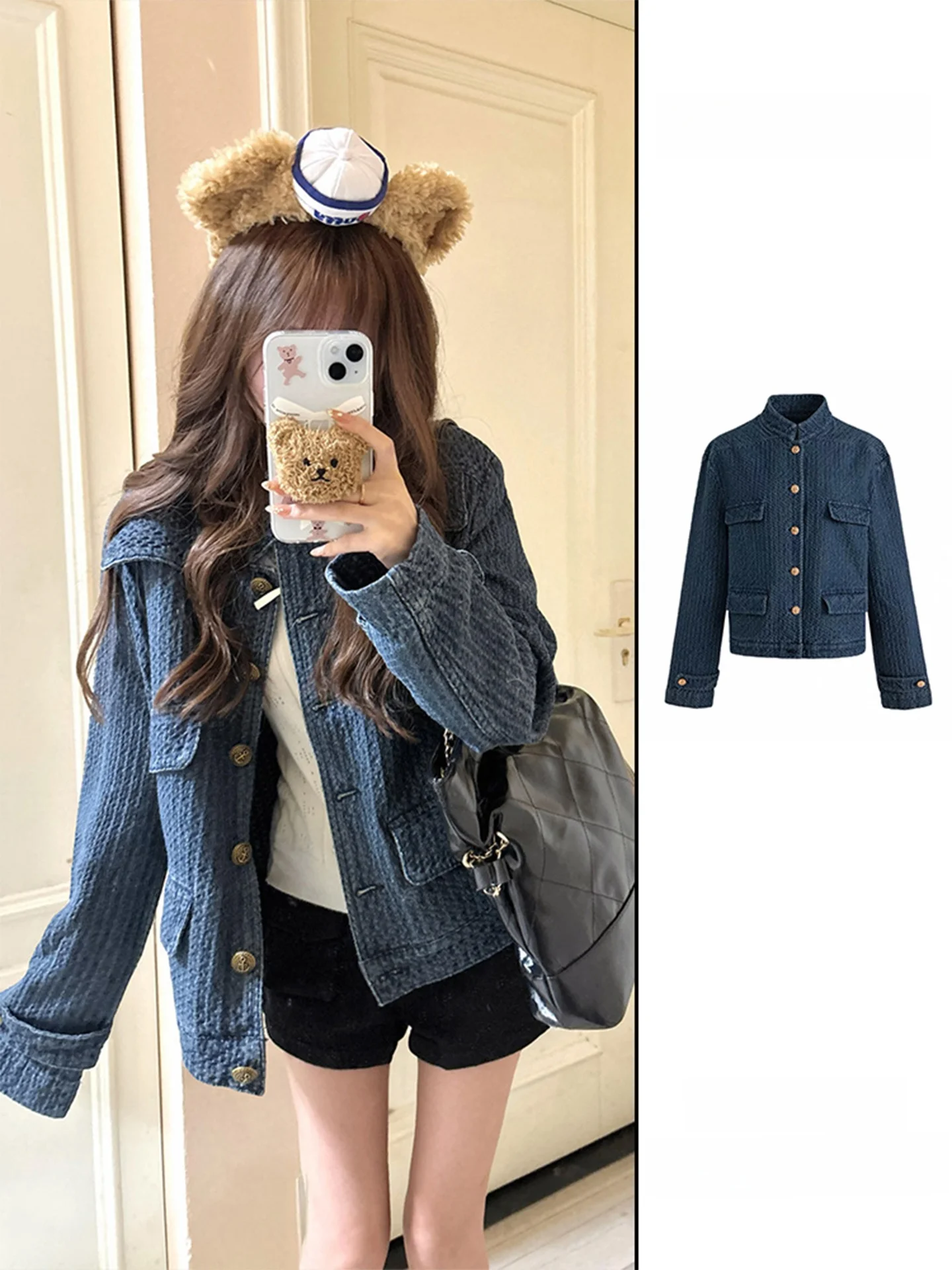 

Retro Blue Tone Texture Women's Denim Jacket Loose Design Stand Collar Spring Fashion Trendy Button up Short Coat