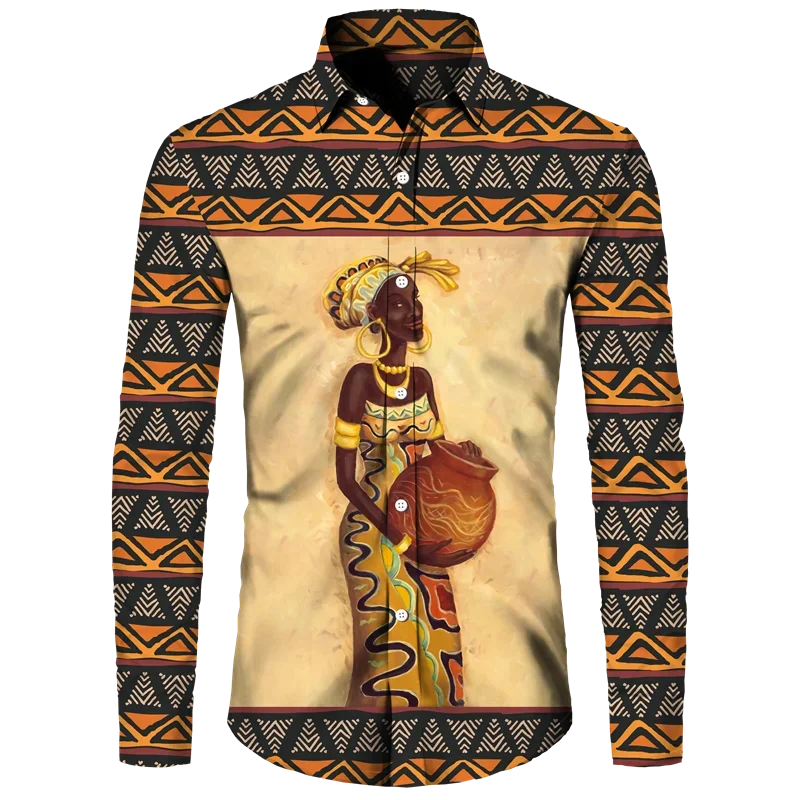 Ethnic Style African Girl 3D Print Long Sleeve Button Shirts For Men Women Dashiki Folk Custom Vintage Tops Couple Clothes Shirt