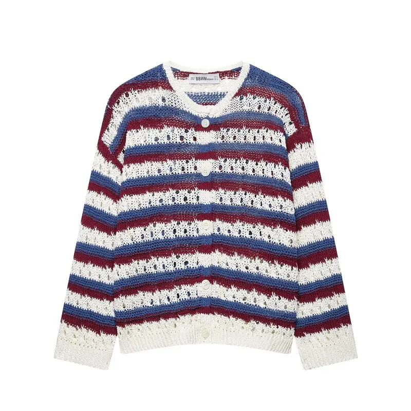Summer 2026 Women's Knitted Hollow out Long Sleeve round Neck Striped Outerwear Casual Loose Fit Single Piece Button up Cardigan