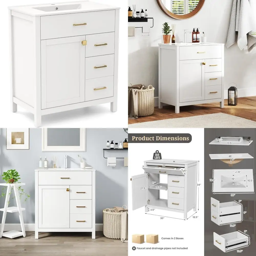 

30" modern bathroom vanity with ceramic sink, 2 drawers, 1 door, flip-out drawer, wood legs