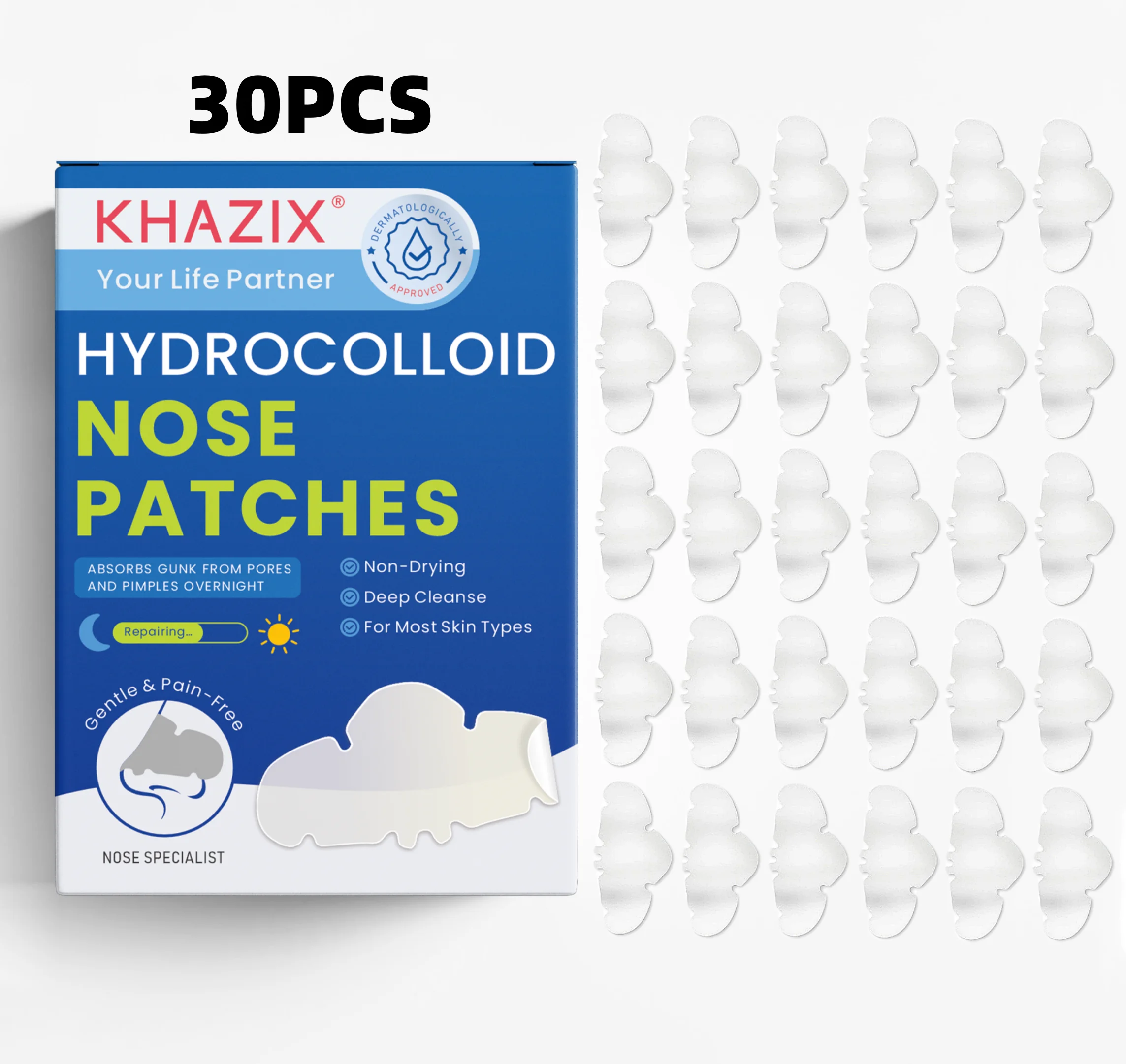 30 PCS Nose Patches: Deeply cleans and restores the skin on your nose, unclogs pores, gentle formula, long-lasting oil control