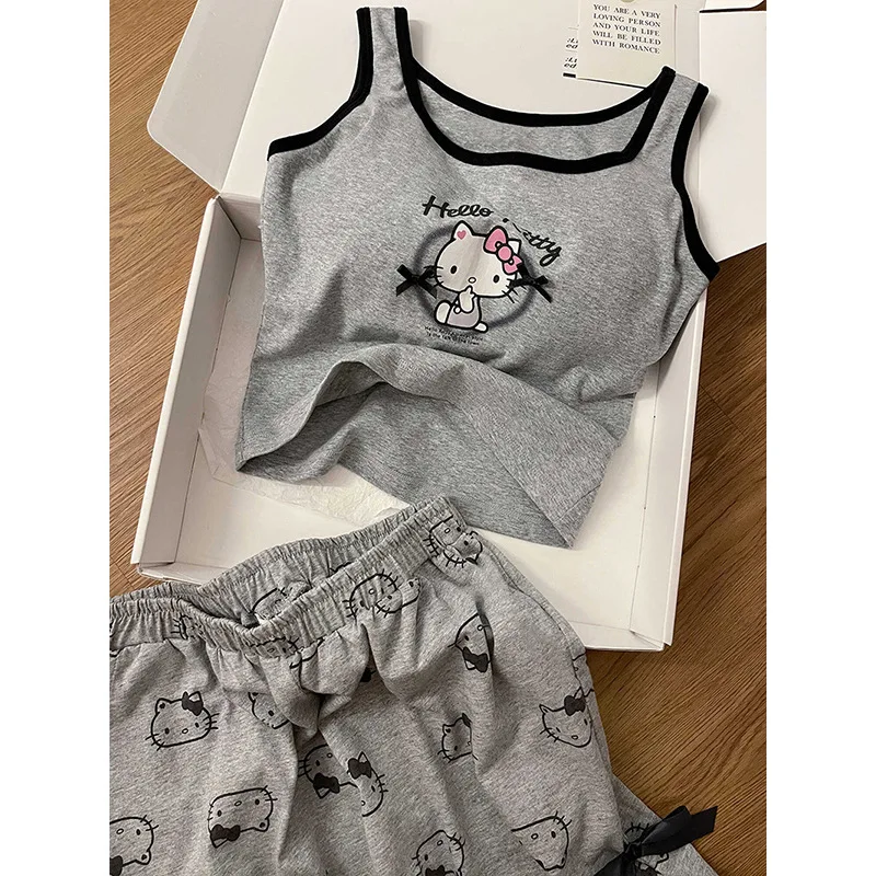 Anime Sanrios Hello Kittys Casual Pajamas Suit Sleeveless Pad Tops Shorts 2 Piece Set Girl Bowknots Gray Sleepwear Women Clothes