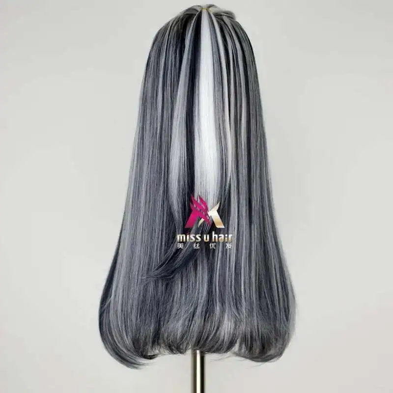 Nueva peluca frankie Monster High Frankie pelucas de Cosplay 65 cm negro mezcla blanco fiesta de Halloween peluca sintética de Cosplay + gorro de peluca