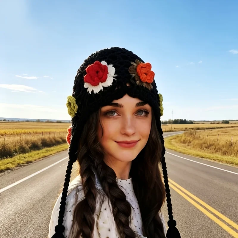 Colorful Floral Spring/Summer Tassel Hat Fashionable Casual Sweet Outdoor Breathable Portable Pullover Cap With Strap