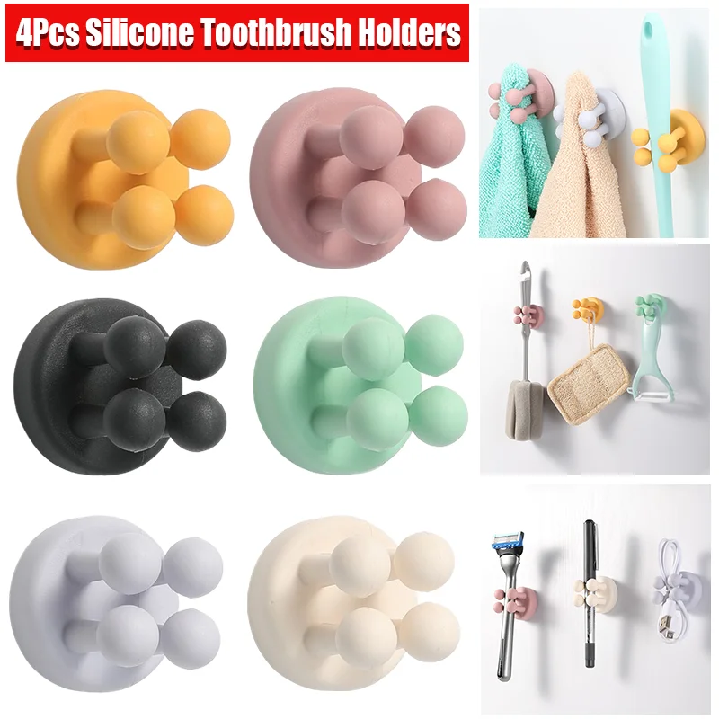 4Pcs Silicone Toothbrush Holders Multi-Function Hook Waterproof Self Adhesive Wall Mounted Single Hook for Hanging Key Plug