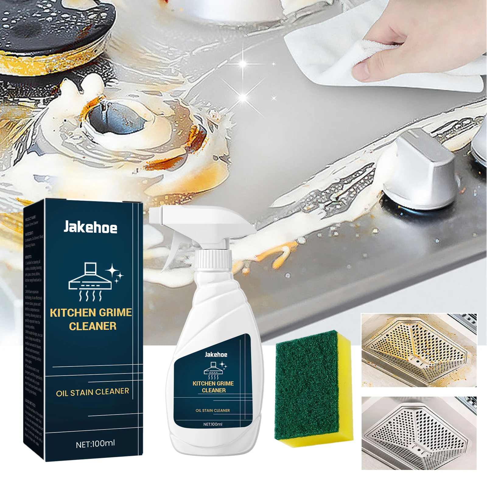 Jakehoe Oil Stain Cleaner Kitchen Stove Hood Remove Oil Dirt and Stains Multi-purpose Cleaning Agent Kitchen Grime Cleaner