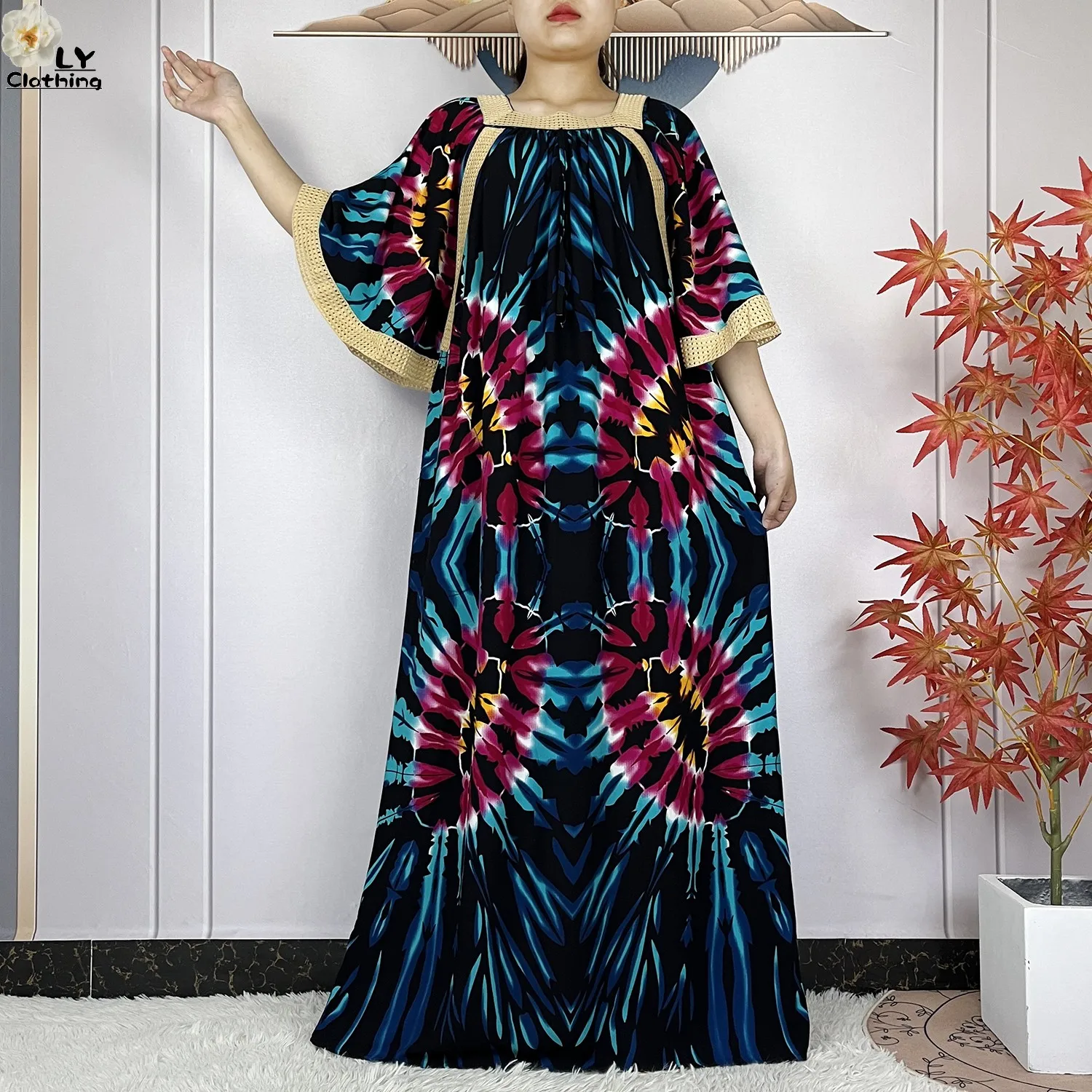 New Muslim Dress Woman Short Sleeve Dashiki African Abaya Tie-dyed Printing Cotton Loose Femme Robe Islamic Dresses With Scarf