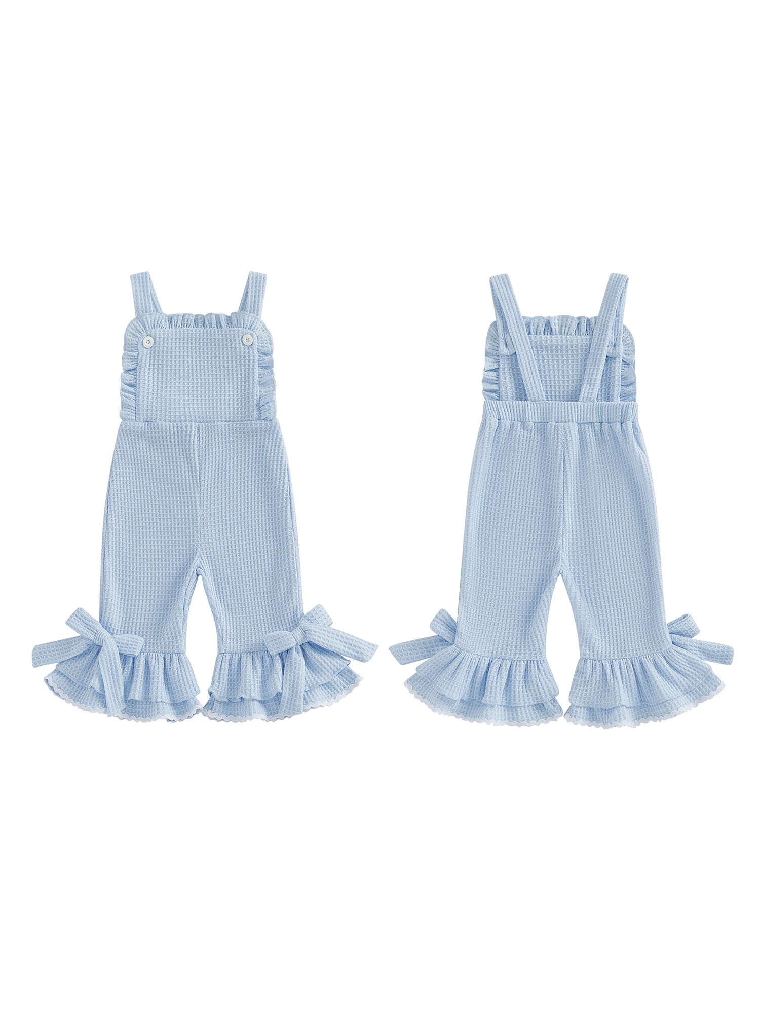 

Adorable Infant Girl Romper Sleeveless Jumpsuit with Bow Detail and Flared Waffle Pants for Summer Outfits