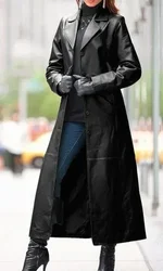 New Autumn Winter Women's Clothing Button Leather Coat Long-Cut Coat Slim Fit Slimming Pu Leather Wind Coat