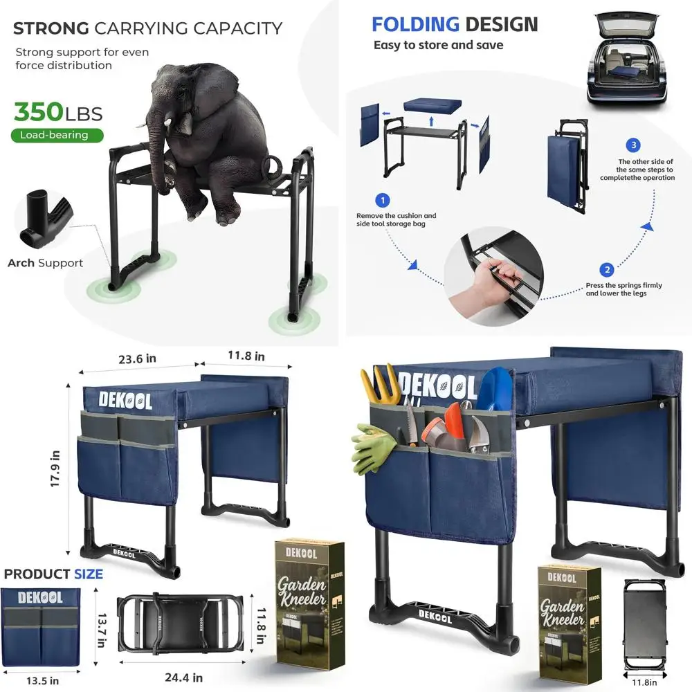 

Садовый стул-коленник с улучшенной широкой и толстой (3 дюйма) подушкой для колен, сверхпрочный садовый табурет с 2 большими сумками для инструментов, портативный стул