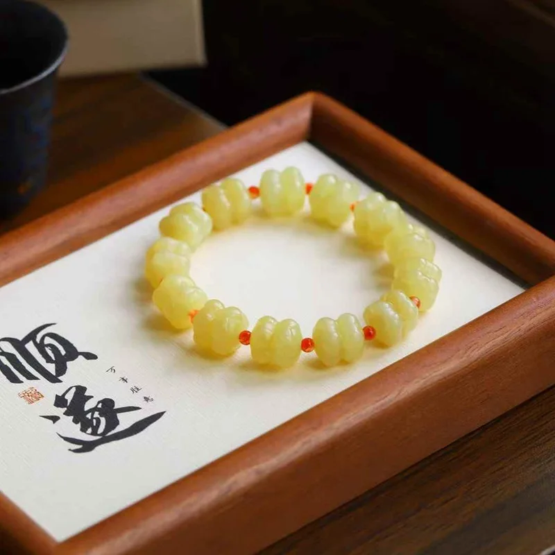 

Natural Hetian Jade Ruoqiang Huangkou Old Material Double Bracelet With Certificate