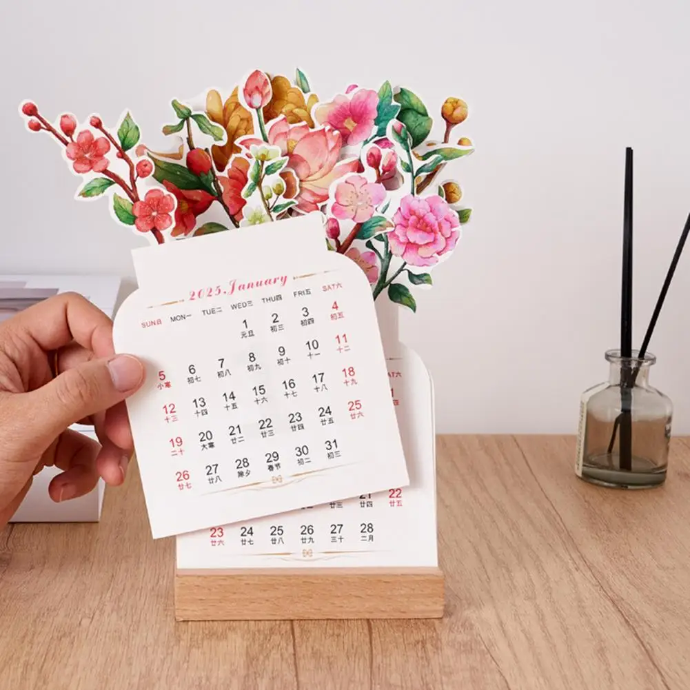 Настольный календарь на 2025 Съемные карты Настольный календарь с цветущими цветами на 2025 год с деревянной основой Ежемесячные карточки для дома для закладок