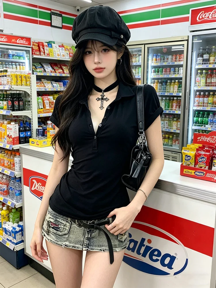 Grafisches Harajuku POLO-Kragen Einfarbiges Kurzarm-Damen-T-Shirt 90er Jahre Kleidung Vintage Damen Trashy Y2k 2000er Jahre Tops Gothic – Detail 7