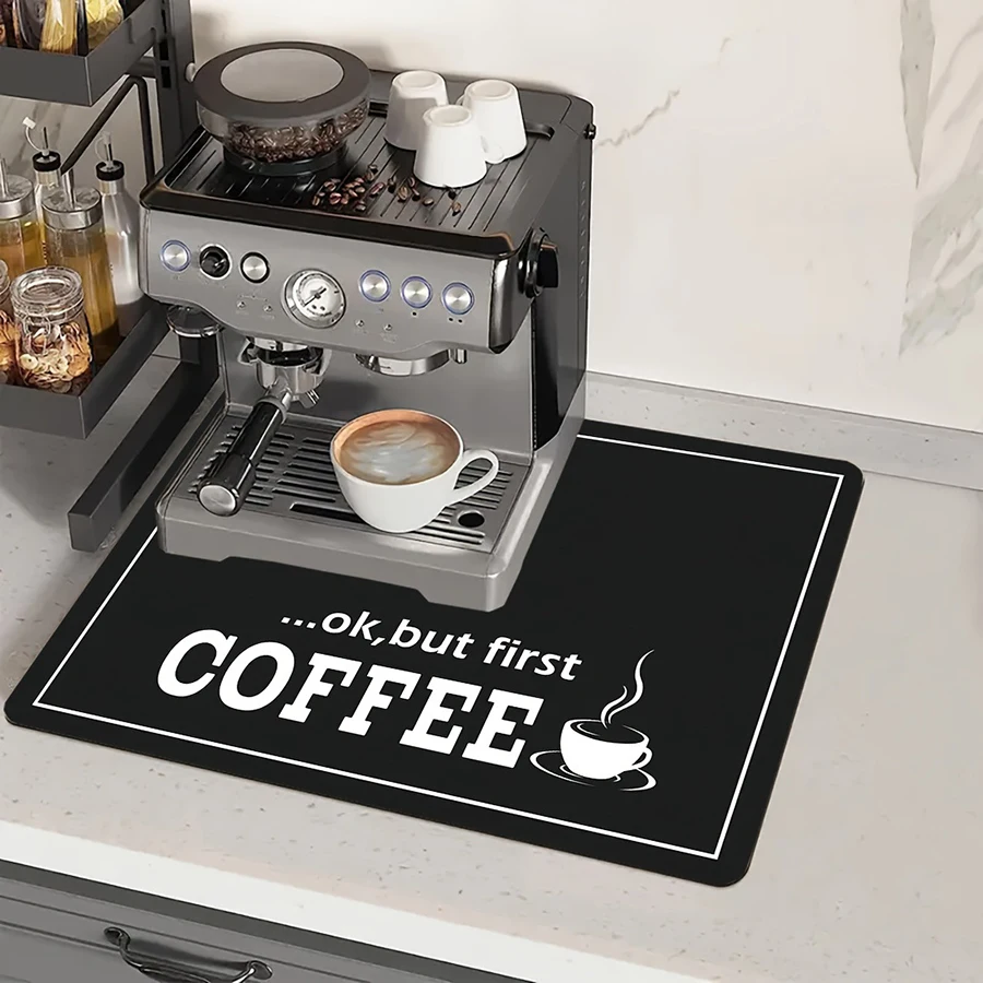 1pc black letter Coffee printed coffee machine mat modern minimalist style kitchen counter quick water absorption drying mat