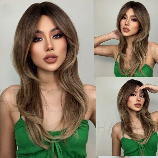 Layered  Brown Blonde Natural Women Hair Long Straight Wigs