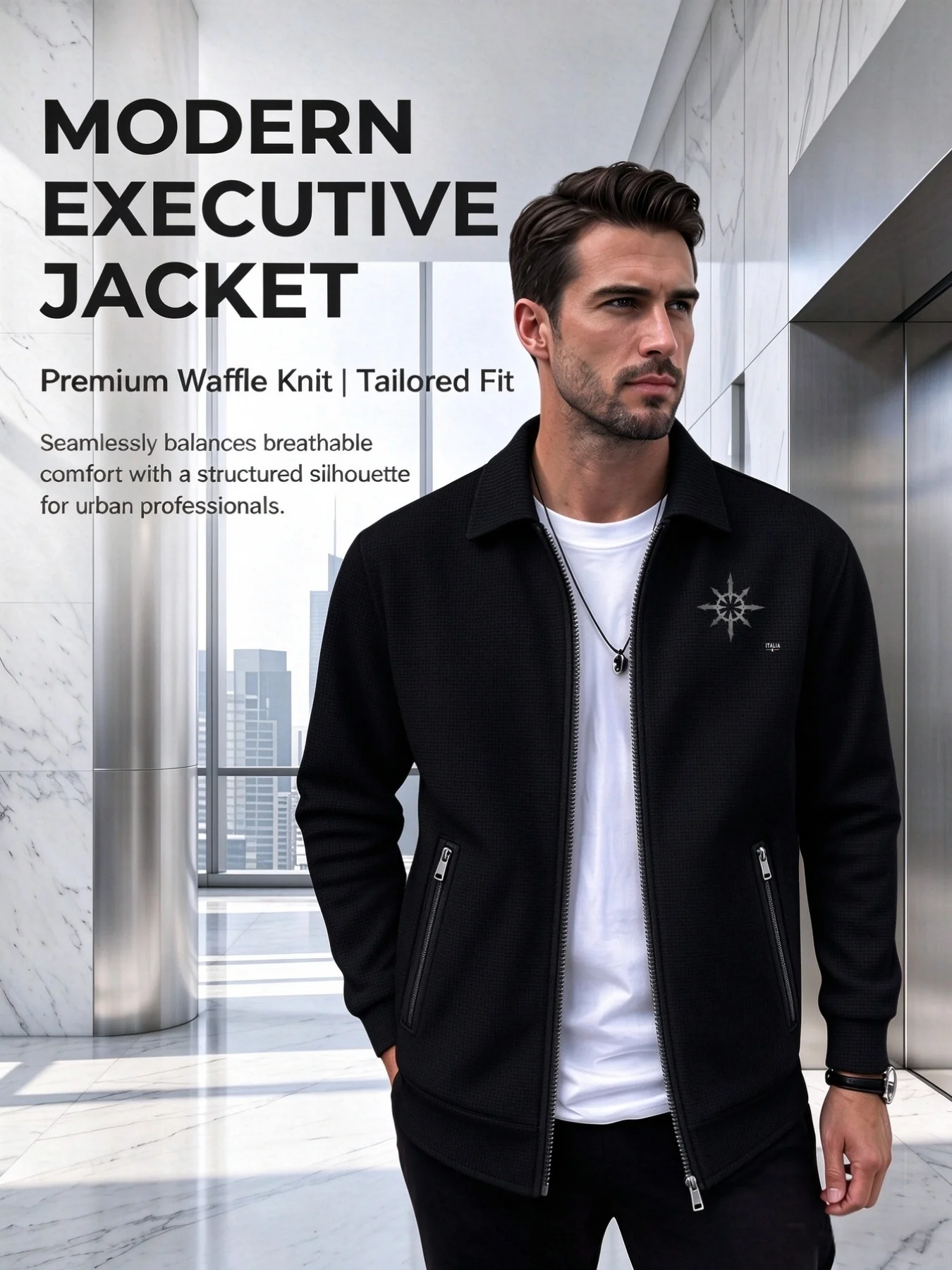 2026 New Men Waffle Texture Collared Jacket Print Compass Star Badge Logo Full Zip SmartCasualOffice OuterwearLong leev MaleCoat