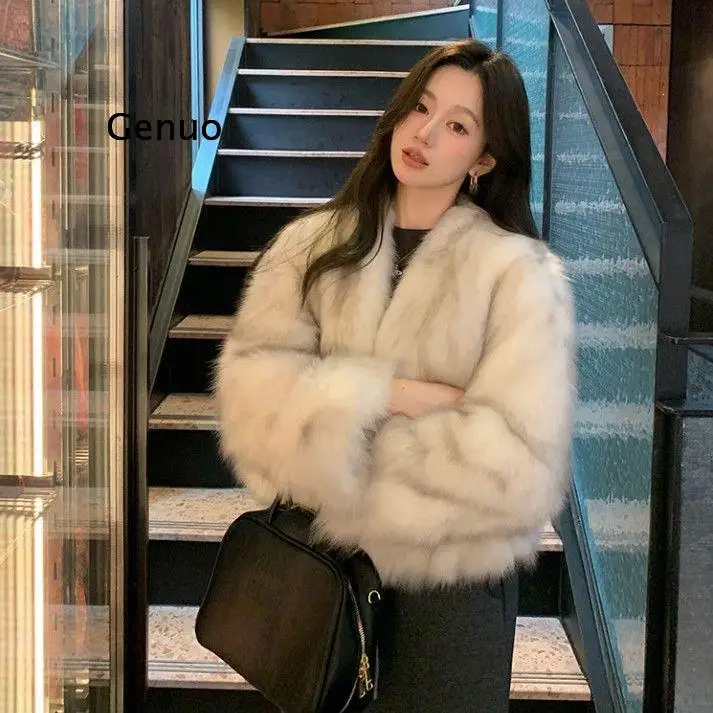 

New Vintage Dip Dyed Frosted Faux Fox Fur Coat Women Maillard Retro Amber Brown Eco Fur Outerwear