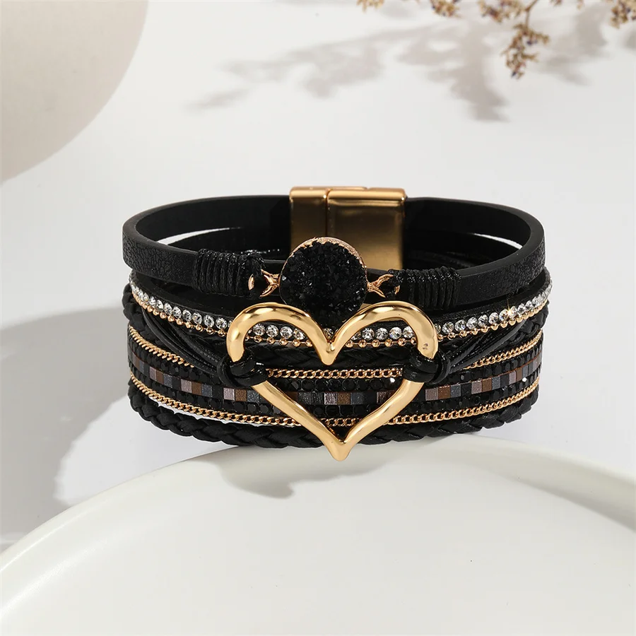 New Metal Love Heart Charm Leather Bracelets for Women Fashion Bohemian Rhinestone Resin Wrap Bracelet Bangle Couple Jewelry