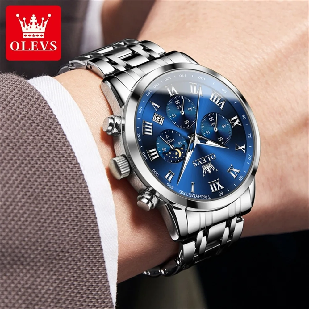 OLEVS 5529 رجال الأعمال الفاخرة ساعة كوارتز العلامة التجارية مقاوم للماء مضيئة التقويم ساعة مقياس روماني Moonphase توقيت رمز ساعة الرجال