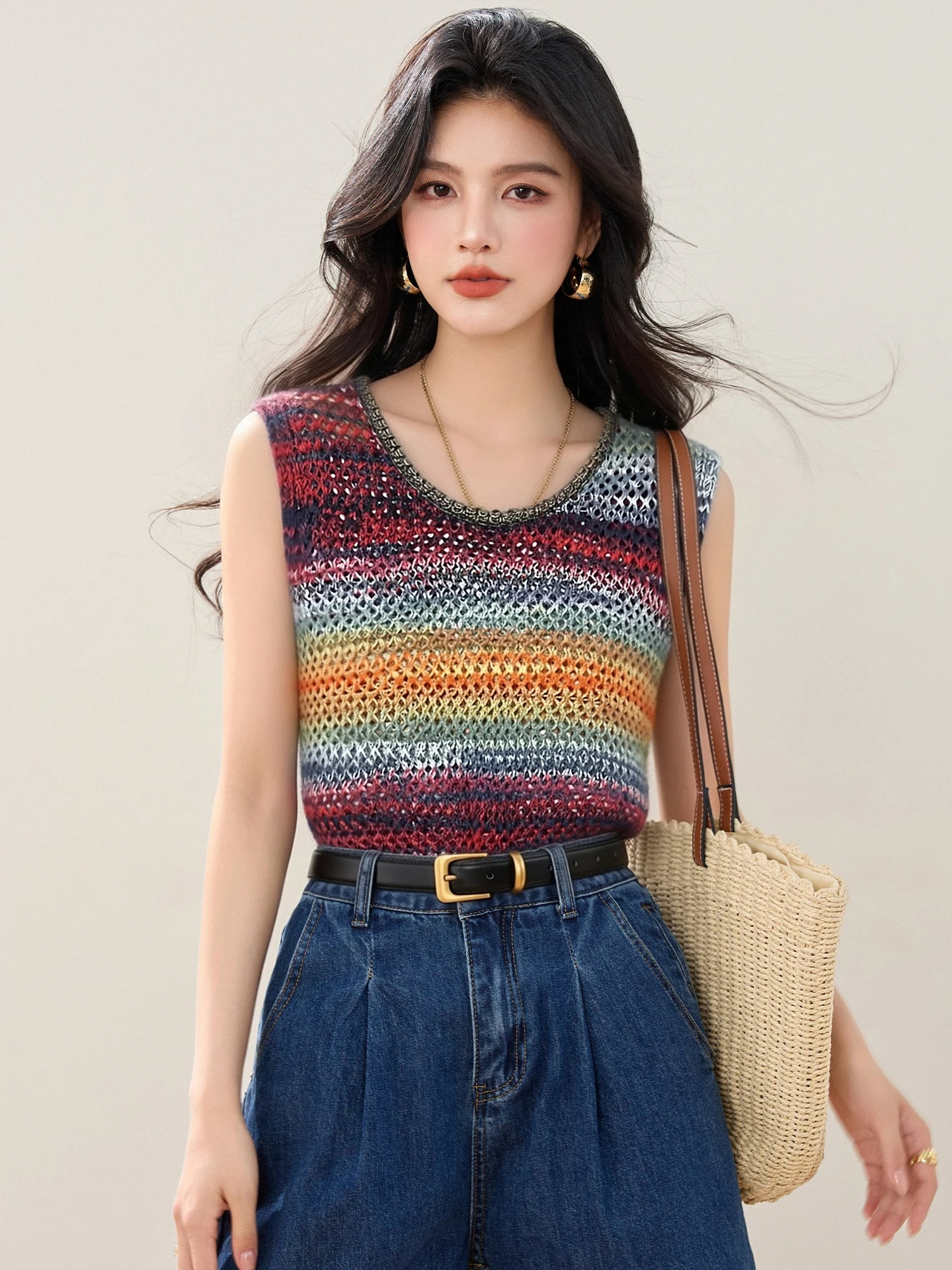 

Новая летняя ретро-майка без рукавов с радужным принтом, свободный крой в стиле Slouchy Vibe, ажурный дизайн, дышащий жилет