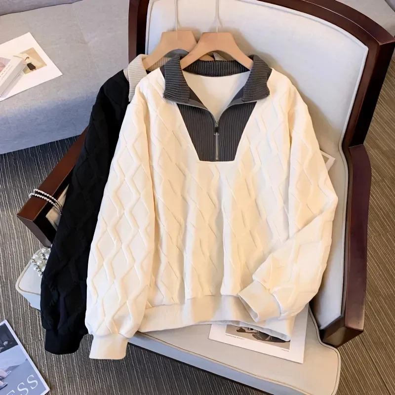 

Дизайнерский воротник-стойка с половиной молнии, модный цветной блок, новый стиль, толстовка с капюшоном, женский весенне-осенний легкий свободный универсальный топ