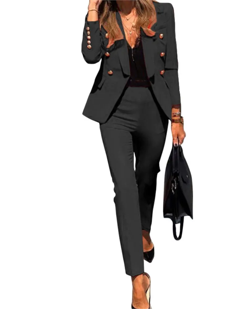 

Spring Autumn For Women's New Solid Color Fashion Double Breasted Suit Slim Pocket Pencil Pants Female Office 2 Piece Set