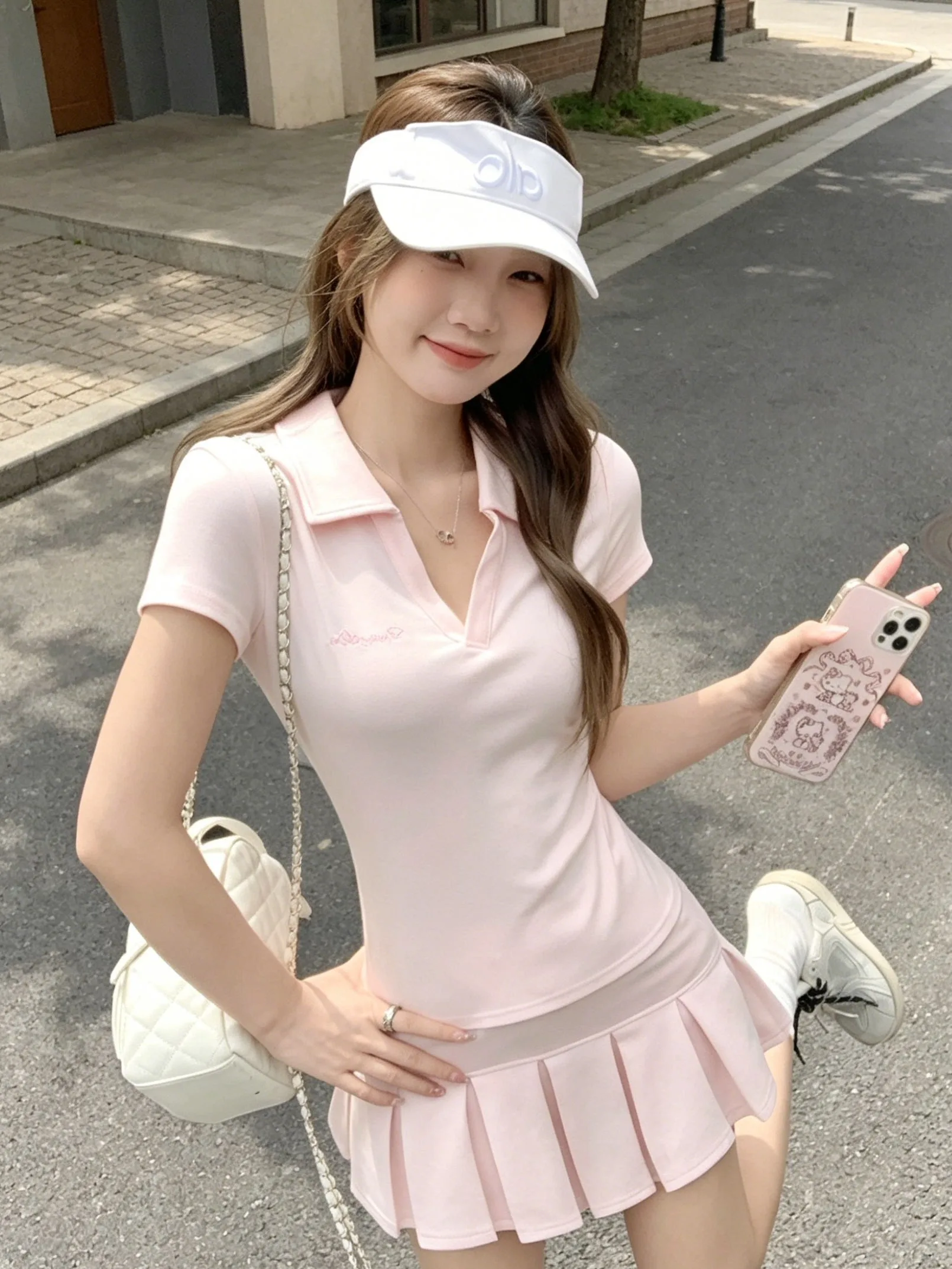 Pink  Shirt T-Shirt Women Summer Slim Fit V-Neck Top with A-Line  Skirt Set Short Sleeve Formal Shoulder High Waist