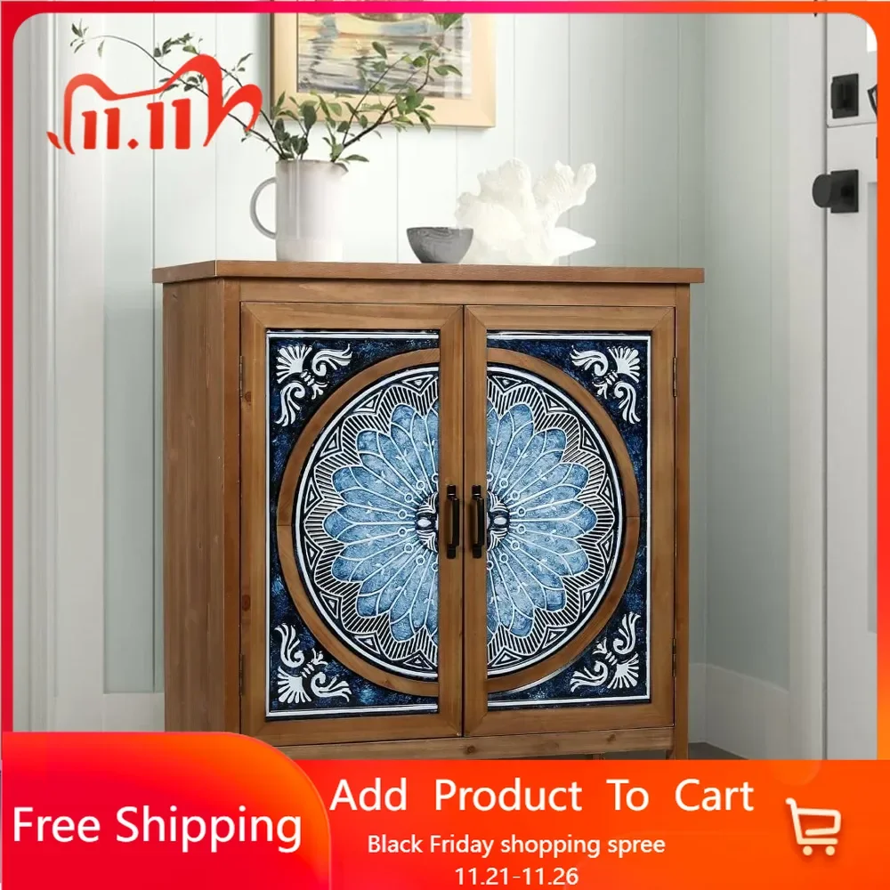 2-Door Accent Cabinet, Distressed Storage Cabinet with Blue and White Porcelain Pattern for Entryway Living Room