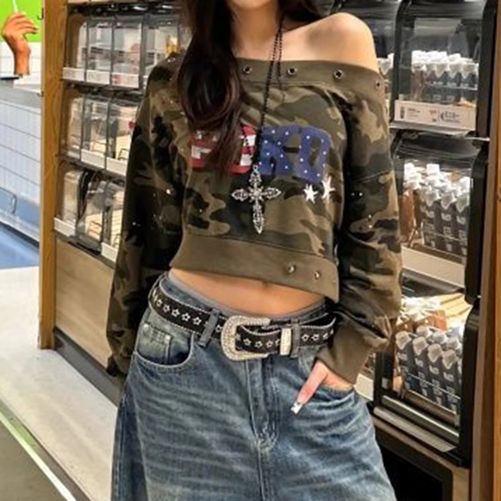 

Design Sense Slant Neck Camouflage Printing Long Sleeve Sweater Early Autumn New Sweet Spice Girl Slim Button Top