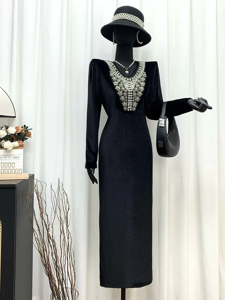 

Bla Slim Fit Long V-Ne Velvet Dr Embroidered Beaded Heavy Work Pino Autumn Winter Faion Women's Bodycon Dr