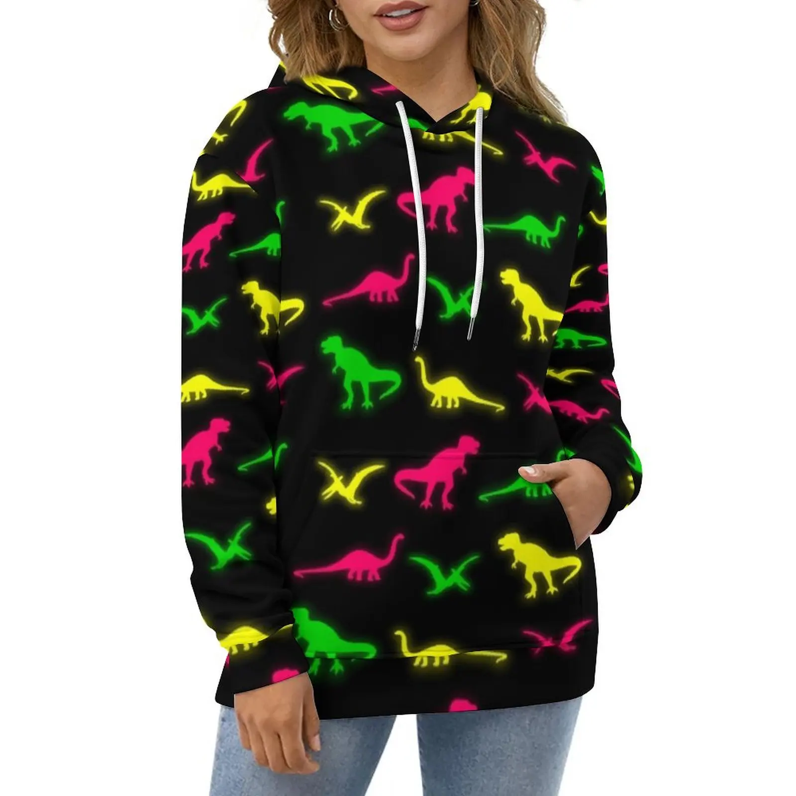 

Neon Dinosaur Casual Hoodies Colorful Animal Print Y2k Custom Loose Hoodie Autumn Long-Sleeve Street Wear Oversized Sweatshirts