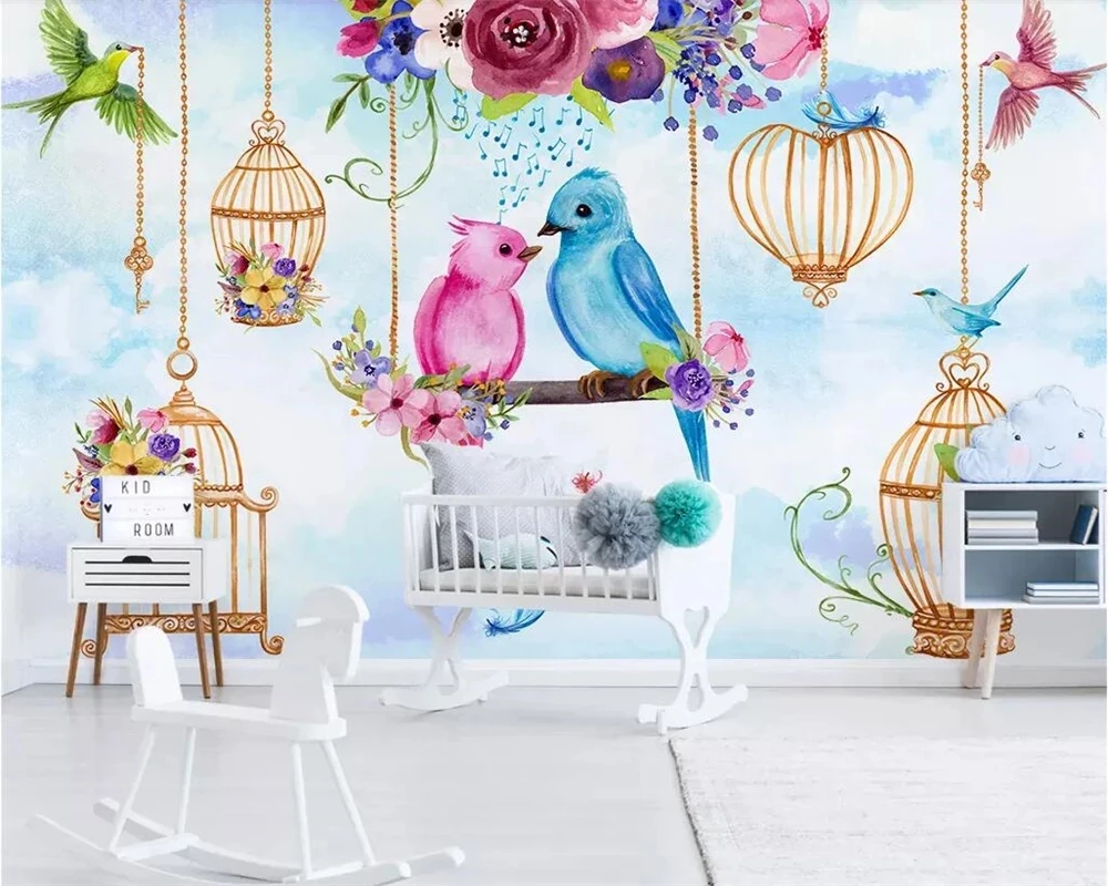 Customized wallpaper 3D Nordic hand-painted cute bird flower children's room Mural Living room TV background bedroom restaurant