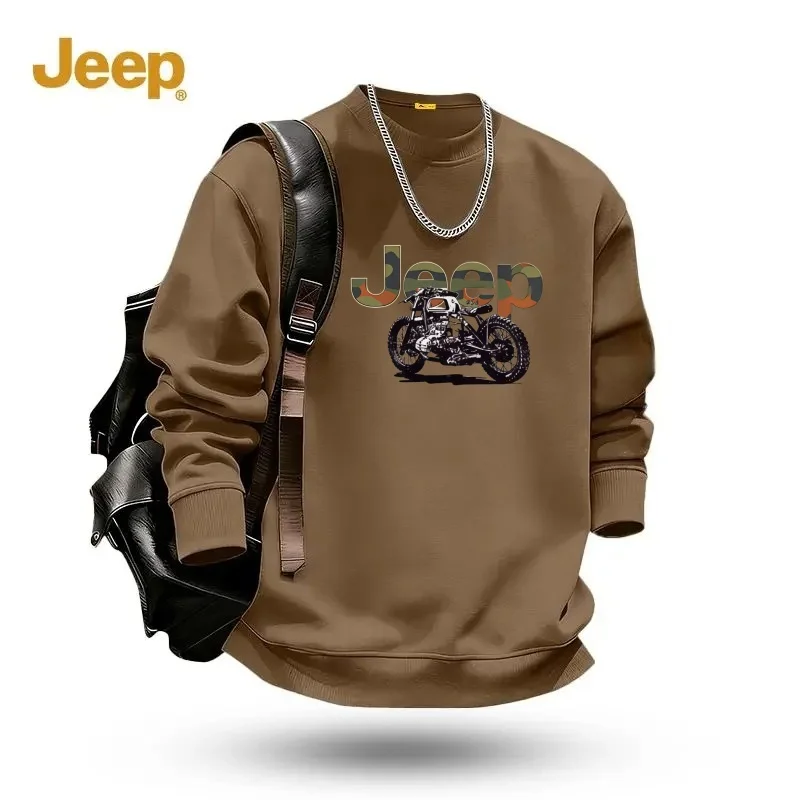 

New Jeep Thick Cotton Long Sleeve T-shirt for Men's Spring and Autumn Round Neck Versatile Printed Top, Casual Hoodie