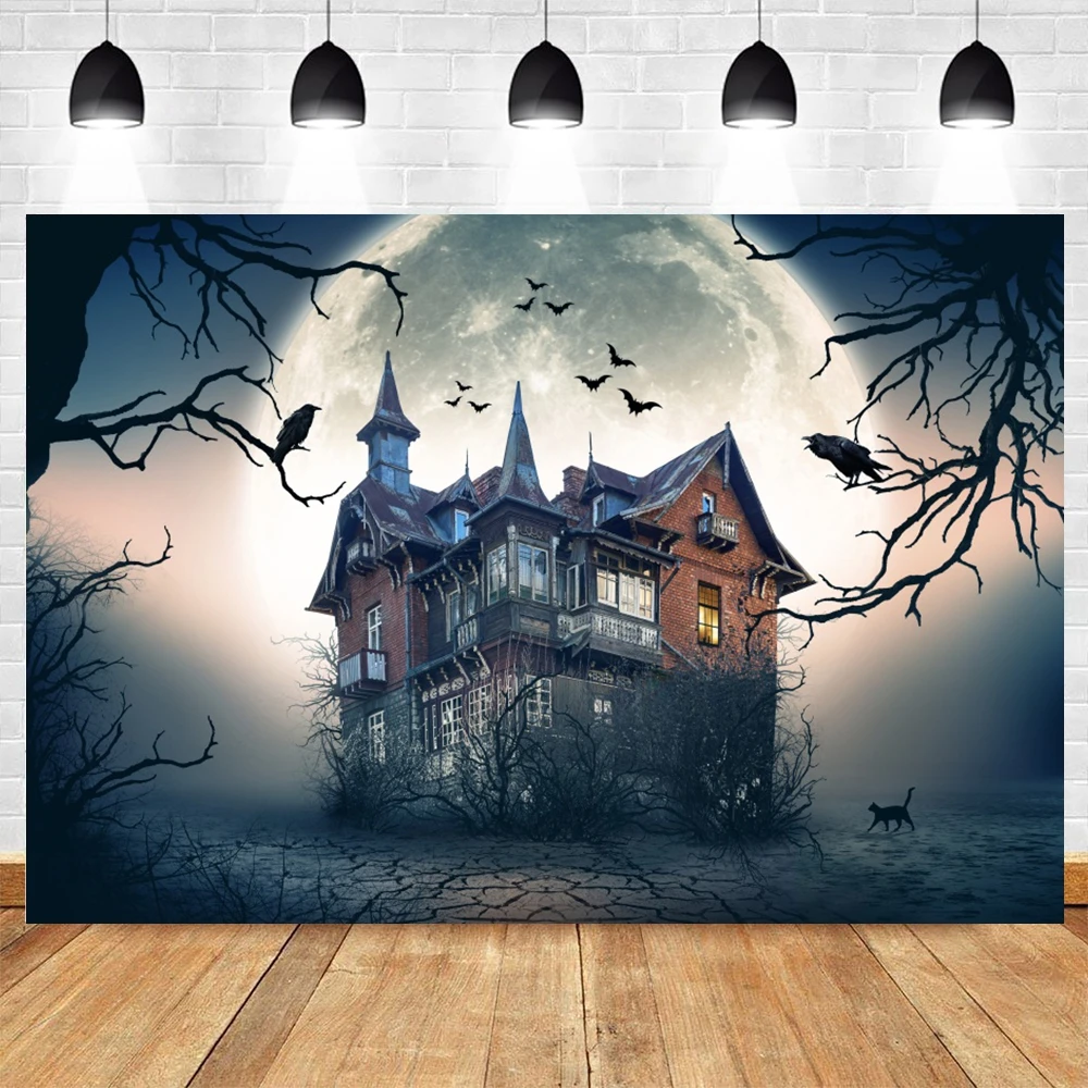 Halloween Horror Castle Backdrop Scary Night Full Moon Pumpkin Bat Old Tree Haunted House Halloween Party Photography Background