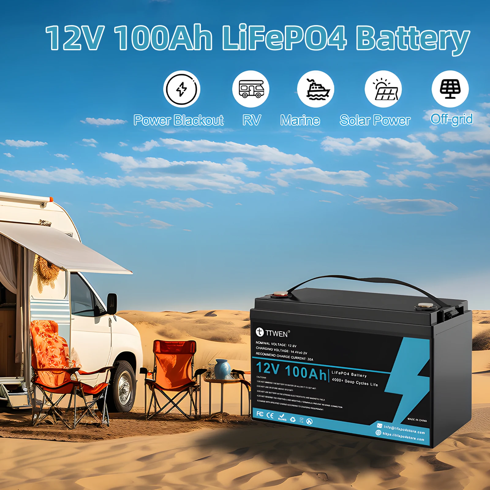 TTWEN 12V 100Ah LiFePO4 Lithium Battery Pack Backup Power Supply 1280Wh Energy 4000+ Deep Cycl Built-in 100A BMS 24.25 lbs